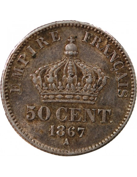 NAPOLEON III, TÊTE LAURÉE - 50 CENTIMES ARGENT - 1867, A PARIS