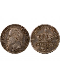 NAPOLEON III, TÊTE LAURÉE - 50 CENTIMES ARGENT - 1867, A PARIS 2
