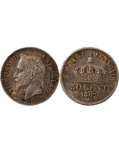 NAPOLEON III, TÊTE LAURÉE - 50 CENTIMES ARGENT - 1867, A PARIS