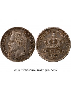 NAPOLEON III, TÊTE LAURÉE - 50 CENTIMES ARGENT - 1867, A PARIS