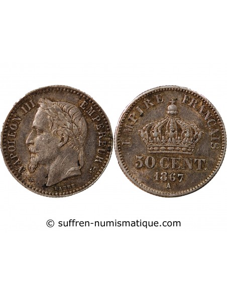 NAPOLEON III, TÊTE LAURÉE - 50 CENTIMES ARGENT - 1867, A PARIS