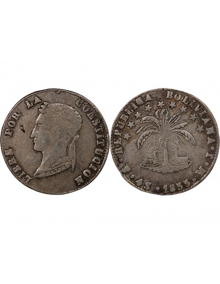 BOLIVIE - 4 SOLES ARGENT - 1855 PTS MJ