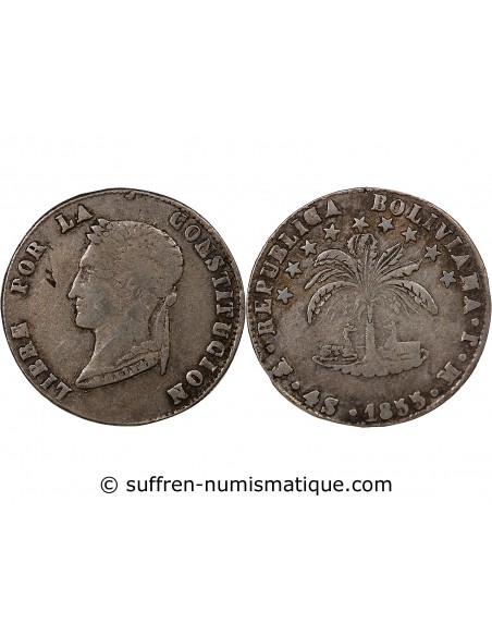 BOLIVIE - 4 SOLES ARGENT - 1855 PTS MJ