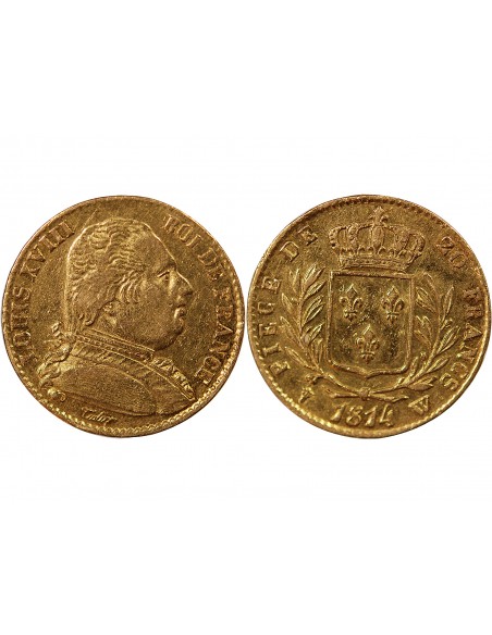 LOUIS XVIII - 20 FRANCS OR 1814 W LILLE