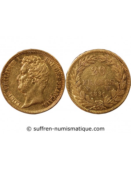 LOUIS PHILIPPE﻿ Ier - 20 FRANCS OR 1831 W LILLE "Tête Nue Tranche en Relief"﻿