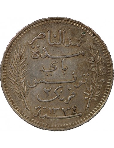 PROTECTORAT FRANCAIS DE TUNISIE, MUHAMMAD AL-NASIR - 2 FRANCS ARGENT 1334 AH / 1916 A PARIS