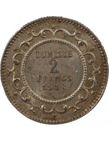 PROTECTORAT FRANCAIS DE TUNISIE, MUHAMMAD AL-NASIR - 2 FRANCS ARGENT 1334 AH / 1916 A PARIS