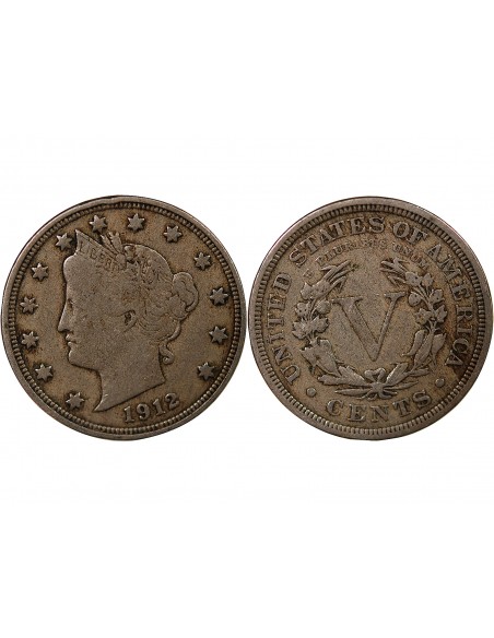 ETATS UNIS - 5 CENTS "Liberty Nickel" 1912 PHILADELPHIE