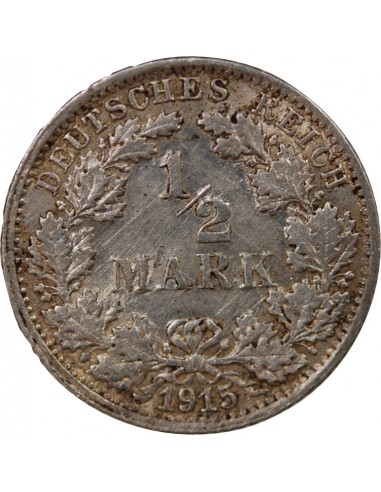 ALLEMAGNE, GUILLAUME II - 1/2 MARK ARGENT 1915 F STUTTGART