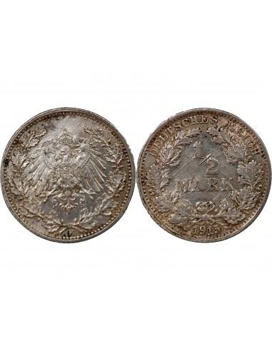 ALLEMAGNE, GUILLAUME II - 1/2 MARK ARGENT 1915 F STUTTGART