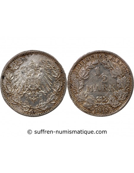 ALLEMAGNE, GUILLAUME II - 1/2 MARK ARGENT 1915 F STUTTGART