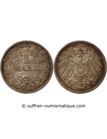 ALLEMAGNE, GUILLAUME II - 1 MARK ARGENT 1908 D MUNICH