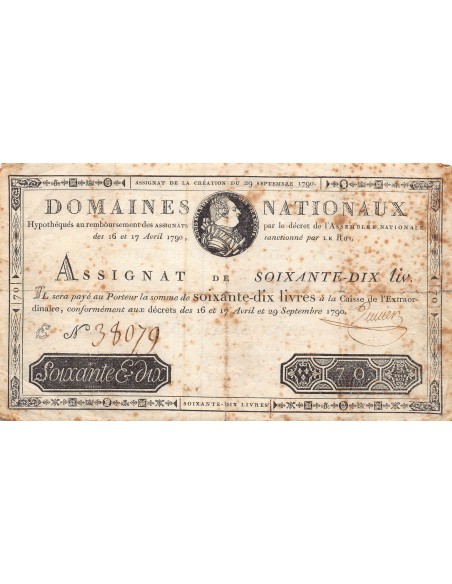 ASSIGNAT, LOUIS XVI - 70 LIVRES - DECRETS 29 SEPTEMBRE 1790 - SÉRIE E