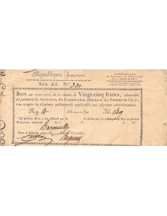 ARRERAGES DE RENTES - 25 FRANCS - SÉRIE KK, AN 7 - 1798/1799