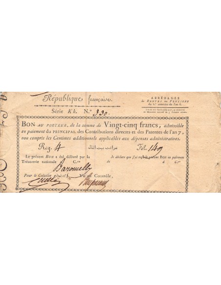 ARRERAGES DE RENTES - 25 FRANCS - SÉRIE KK, AN 7 - 1798/1799