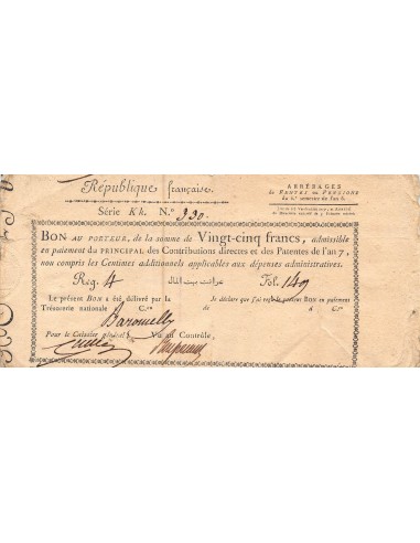 ARRERAGES DE RENTES - 25 FRANCS - SÉRIE KK, AN 7 - 1798/1799