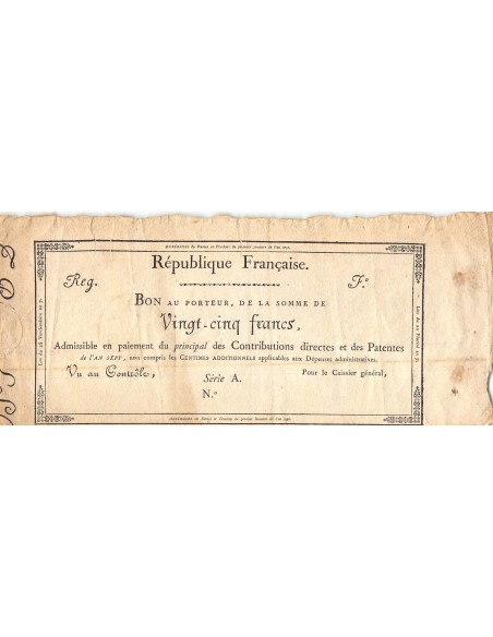 ARRERAGES DE RENTES - 25 FRANCS - SÉRIE A, AN 7 - 1798/1799