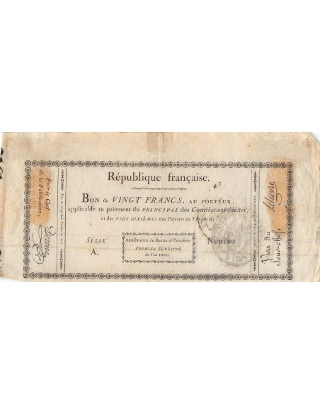 ARRERAGES DE RENTES - 20 FRANCS - SÉRIE A, AN 8 - 1799/1800