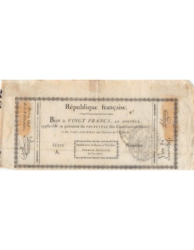 ARRERAGES DE RENTES - 20 FRANCS - SÉRIE A, AN 8 - 1799/1800