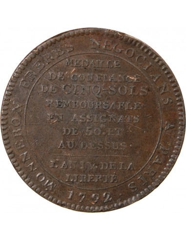 MONNAIE DE CONFIANCE - MONNERON 5 SOLS AU SERMENT 1792 L'AN IV "DEPARTEMENS"