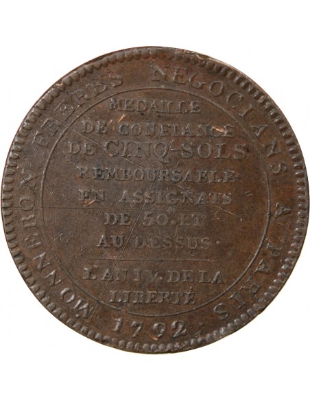MONNAIE DE CONFIANCE - MONNERON 5 SOLS AU SERMENT 1792 L'AN IV "DEPARTEMENS"