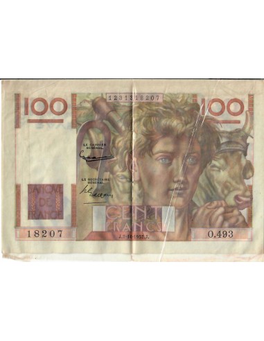 FRANCE, JEUNE PAYSAN - 100 FRANCS 02/10/1952 - SÉRIE O.493 PUBLICITE MEUNIER