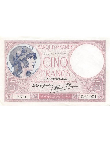 FRANCE, FEMME CASQUEE MODIFIEE - 5 FRANCS 17/08/1939