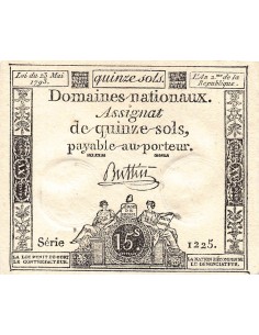 ASSIGNAT - 15 SOLS - LOI DU 23 MAI 1793, FILIGRANE RF - SIGNATURE BUTTIN
