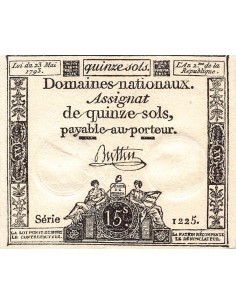 ASSIGNAT - 15 SOLS - LOI DU 23 MAI 1793, FILIGRANE RF - SIGNATURE BUTTIN
