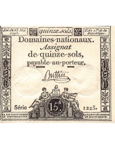 ASSIGNAT - 15 SOLS - LOI DU 23 MAI 1793, FILIGRANE RF - SIGNATURE BUTTIN 2