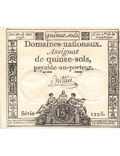 ASSIGNAT - 15 SOLS - LOI DU 23 MAI 1793, FILIGRANE RF - SIGNATURE BUTTIN 2