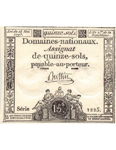 ASSIGNAT - 15 SOLS - LOI DU 23 MAI 1793, FILIGRANE RF - SIGNATURE BUTTIN 2