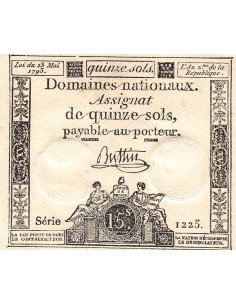 ASSIGNAT - 15 SOLS - LOI DU 23 MAI 1793, FILIGRANE RF - SIGNATURE BUTTIN