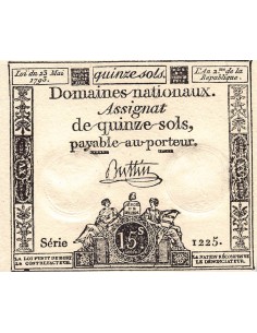 ASSIGNAT - 15 SOLS - LOI DU 23 MAI 1793, FILIGRANE RF - SIGNATURE BUTTIN