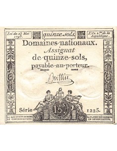 ASSIGNAT - 15 SOLS - LOI DU 23 MAI 1793, FILIGRANE RF - SIGNATURE BUTTIN