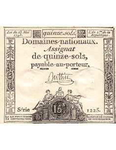 ASSIGNAT - 15 SOLS - LOI DU 23 MAI 1793, FILIGRANE RF - SIGNATURE BUTTIN