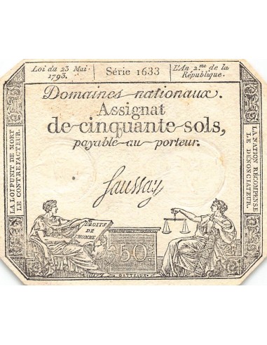 ASSIGNAT - 50 SOLS - LOI DU 23 MAI 1793, FILIGRANE RF