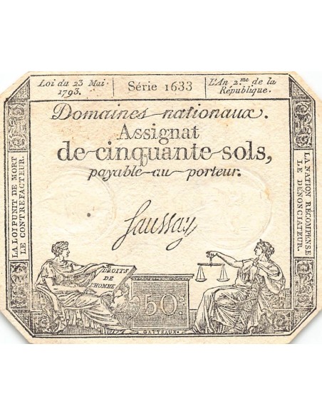 ASSIGNAT - 50 SOLS - LOI DU 23 MAI 1793, FILIGRANE RF