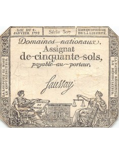 ASSIGNAT - 50 SOLS - LOI DU 04 JANVIER 1792, FILIGRANE LA NATION 2
