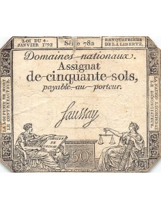 ASSIGNAT - 50 SOLS - LOI DU 04 JANVIER 1792, FILIGRANE LA NATION 2