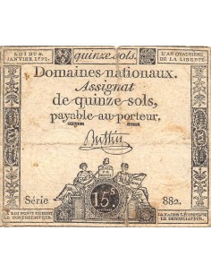 ASSIGNAT - 15 SOLS - LOI DU 04 JANVIER 1792, FILIGRANE LA NATION 2