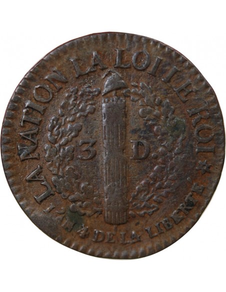 Louis XVI 3 deniers Cuivre 1792 BB Strasbourg
