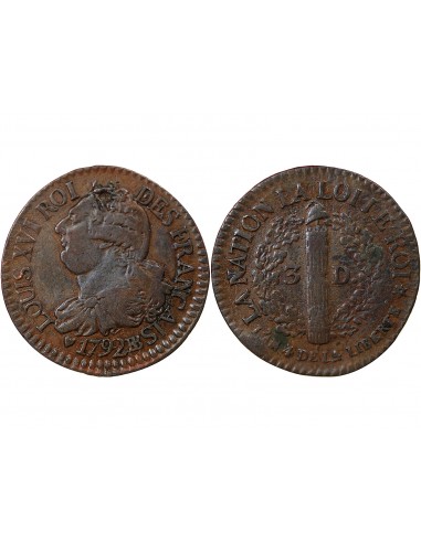 Louis XVI 3 deniers Cuivre 1792 BB Strasbourg