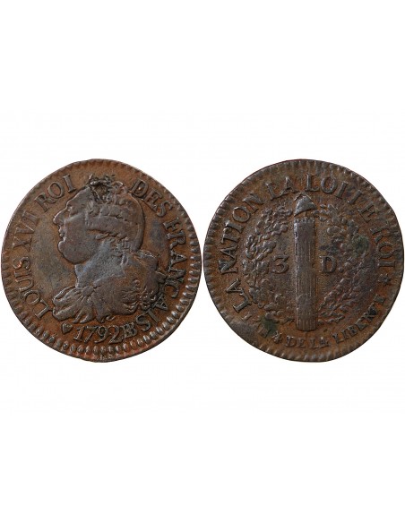 Louis XVI 3 deniers Cuivre 1792 BB Strasbourg