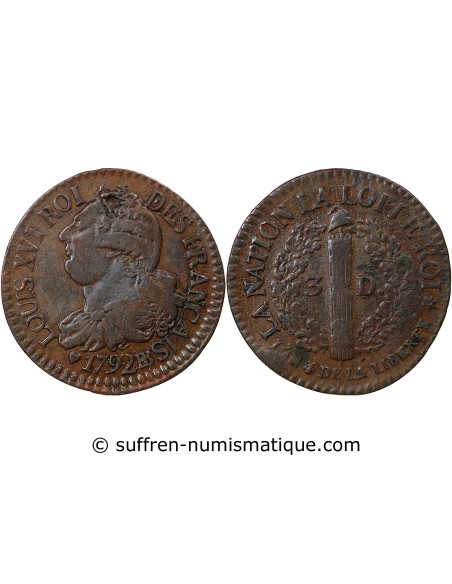 Louis XVI 3 deniers Cuivre 1792 BB Strasbourg