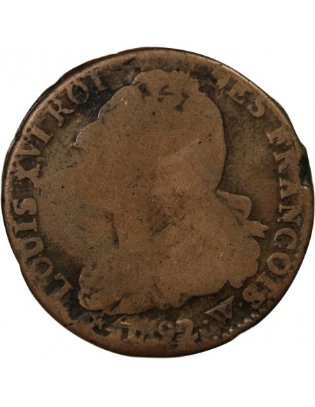 LOUIS XVI, CONSTITUTION - 2 SOLS ROI DES FRANCOIS 1792 W LILLE