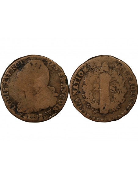 LOUIS XVI, CONSTITUTION - 2 SOLS ROI DES FRANCOIS 1792 W LILLE