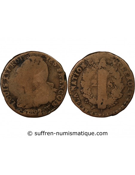 LOUIS XVI, CONSTITUTION - 2 SOLS ROI DES FRANCOIS 1792 W LILLE