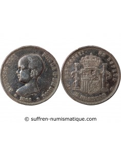 Espagne Alphonse XIII d'Espagne 5 pesetas Argent 1891 AI Madrid