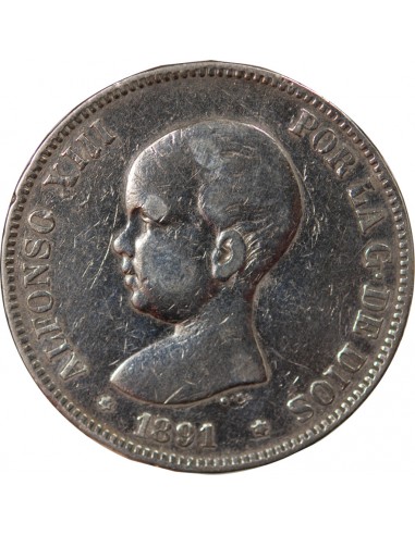 Espagne Alphonse XIII d'Espagne 5 pesetas Argent 1891 AI Madrid